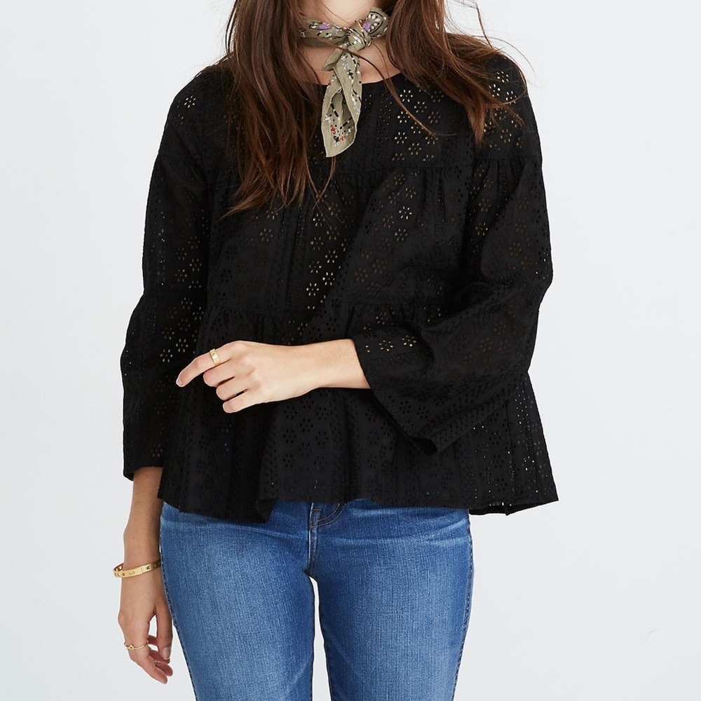 Madewell Black Eyelet Tiered Button Back Top, Large